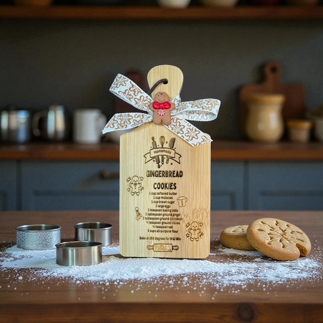Bamboo mini charcuterie board with engraved gingerbread cookie recipe
